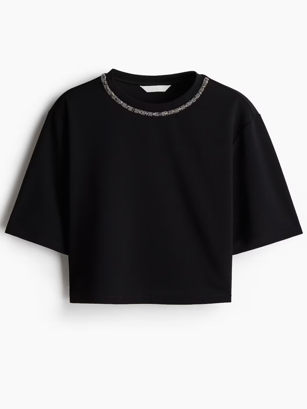H&M Black Cropped Short Sleeve Top with Beaded Neckline